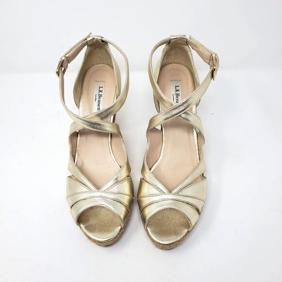 L.K. Bennett Maggie Peep Toe Wedge Sandals Espadrille Metallic Gold Size US 10 - Picture 2 of 10